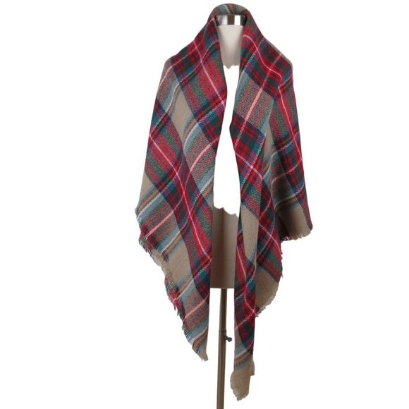 MODCLOTH Tan Red Loch and Key Tartan Plaid Square Cozy Fringe Blanket Scarf - Picture 5 of 8
